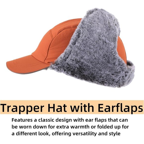 Men Caramel Brown Winter Trapper Hat Faux Fur Earflaps with Reflective Brim - Picture 4 of 7